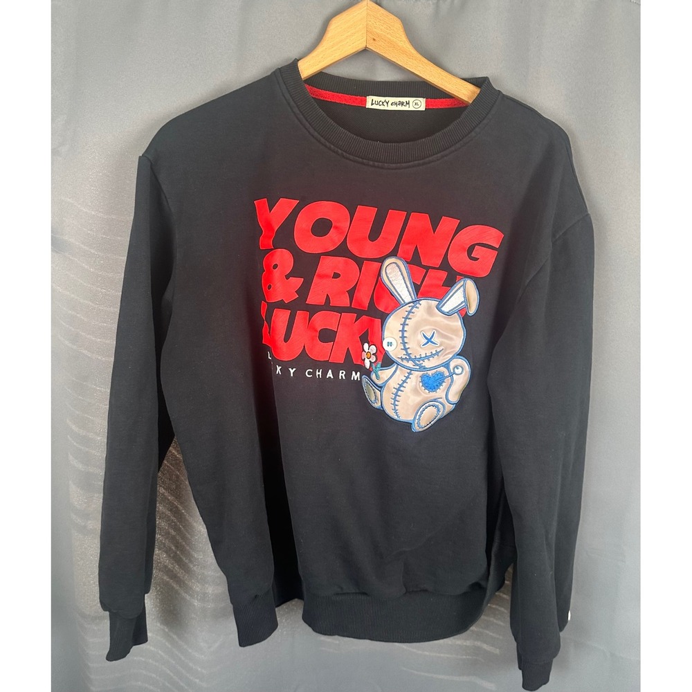Lucky Charm Young & Rich Lucky Graphic Sweatshirt Black XL Cotton Crewneck
